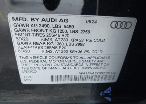 2024 Audi Q5 Prestige 45 Tfsi S Line Quattro S Tronic z USA, uszkodzony, nr VIN WA1FAAFY6R2121136